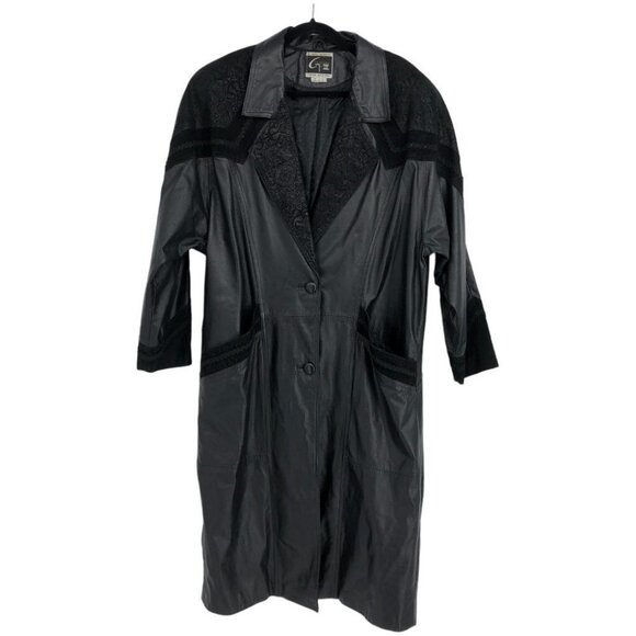 G-III Vintage Black  1980s Leather w/ Paisley Suede Trim Trench Coat LG - Picture 1 of 15